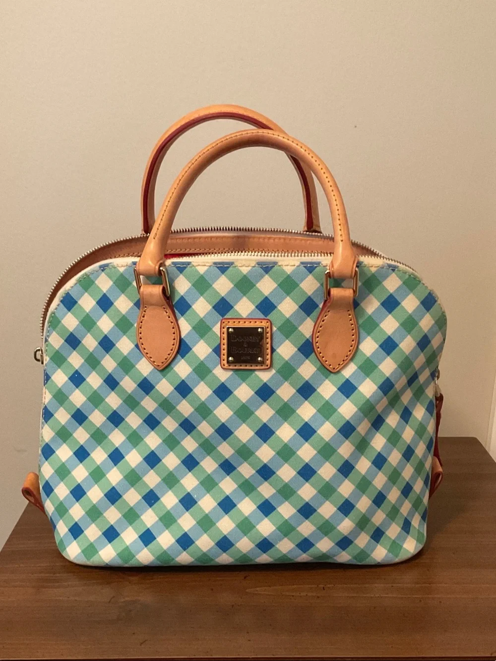 Dooney & Bourke Blue and Green Gingham Leather-Trim Satchel